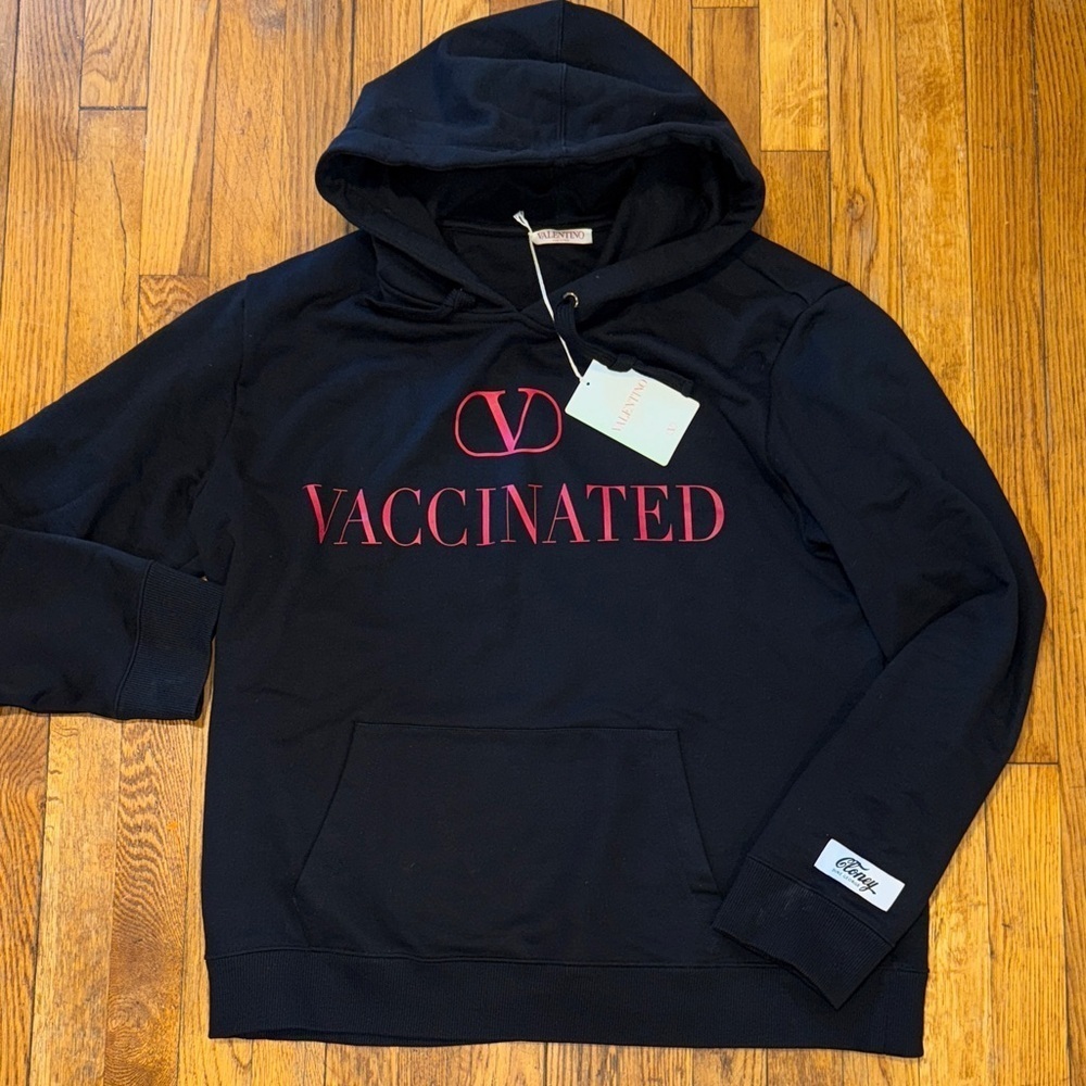 Valentino Men’s Black Hoodie with Red 'VACCINATED' Logo